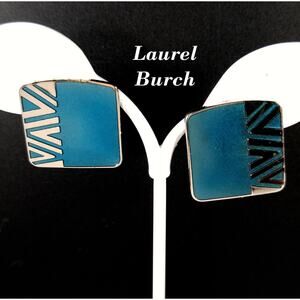 Vintage Laurel Burch Geometric Naito Blue Post Earrings, Rhodium Plated, 1980s